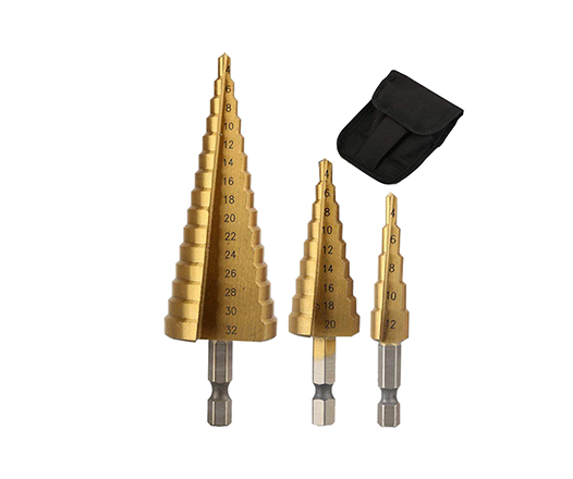 3Pcs Metric Hex Shank Straight Flute Cone Titanium HSS Step Drill Bit Set for Metal in Nylon Bag