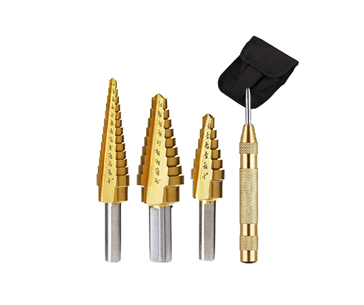 3Pcs Inch Three Flats Shank Titanium HSS Step Drill Bit Set with Automatic Punch for Metal and Wood Drilling
