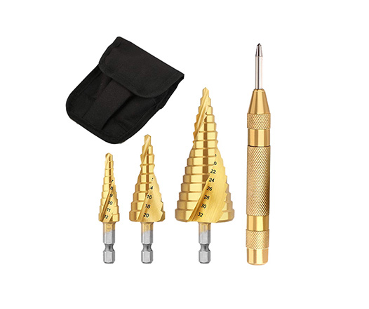 3Pcs Metric Hex Shank Spiral Flute Titanium HSS Step Drill Bit Set with Automatic Punch in Nylon Bag