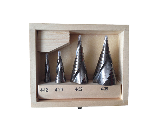4Pcs Metric Three Flats Shank Spiral Flute Bright Step Drill Bit Set for Sheet Metal Tube Drilling in Wooden Case