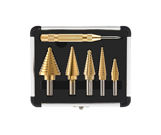 5Pcs Inch Tri-Flat Shank Straight Flute Titanium HSS Step Drill Bit Set with Automatic Punch in Aluminum Case