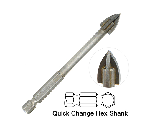 Impact 1/4 Hex Shank Cross Carbide Tip Glass Drill Bit for Glass Ceramic Porcelain Tile Drilling