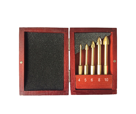 5 Pcs Titanium Coated Hex Shank Cross Carbide Tip Glass and Tile Drill Bit Set in Box and PVC Double Blister