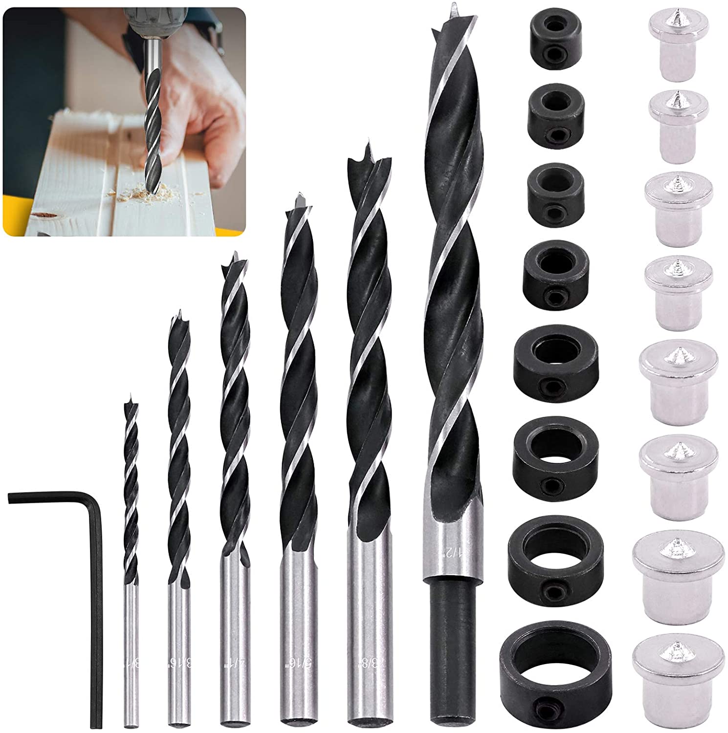 23 Pcs Wood Drill Bit Set with Dowel Pins Center Point and Stopper, Woodworking Brad Point Bit Set Plugs Drill Hole Tool Perfect For Woodworking Carpentry Drilling